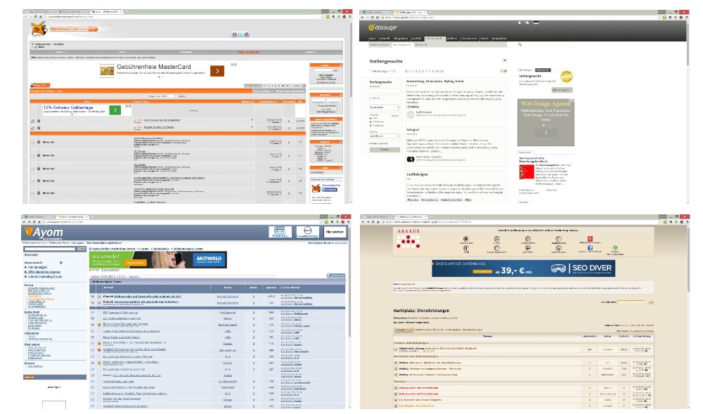 Texter über Foren finden - webmasterpark.net, abakus-internet-marketing.de, ayom.com, dasauge.de | Screenshots: Redaktion